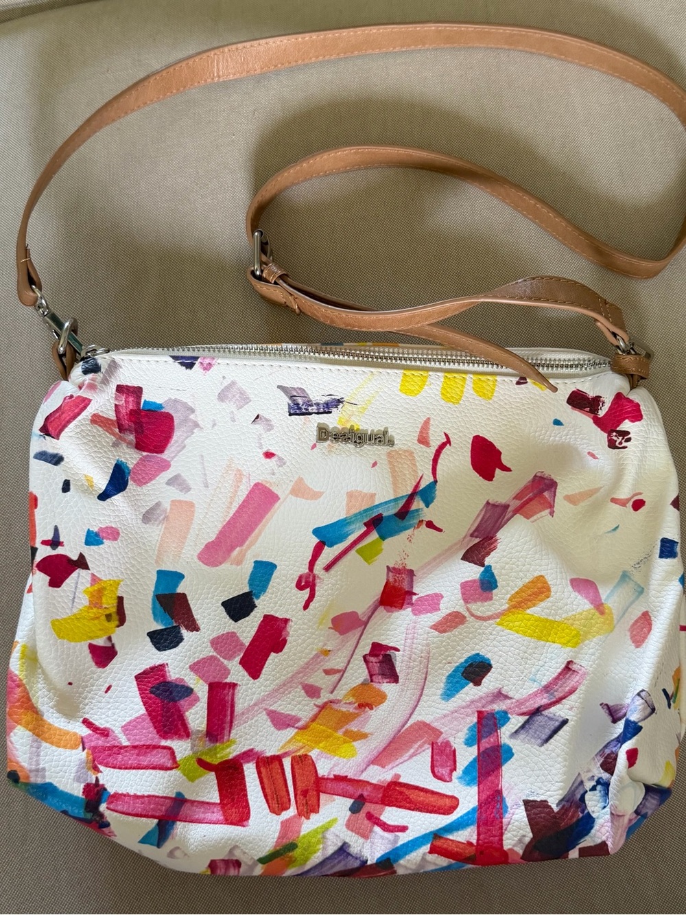 Desigual White Multicolor Abstract Paint-Print Crossbody with Tan Strap